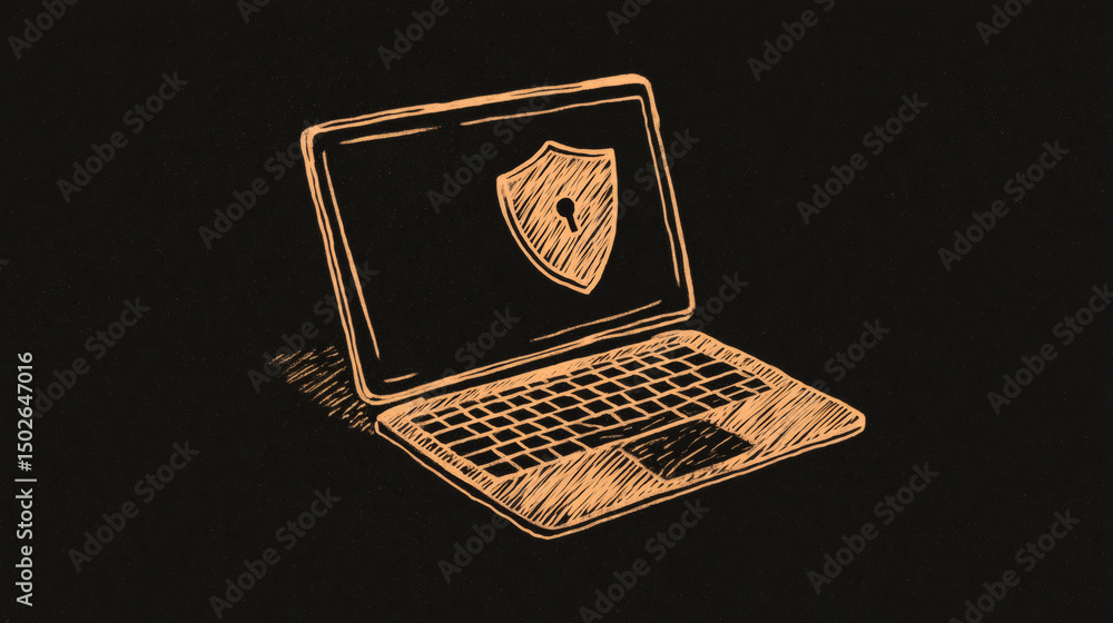 Poster a sketch of a laptop with a shield and keyhole symbol on the screen, representing cybersecurity or o
