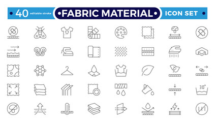 Fabric Material outline Icons set. Vector illustration of textile related icons: thermos, recycled, bamboo, product, industry, shop, leather, textile, cotton, wool. Editable stroke outline icon.