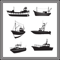 Fishing Boat Silhouette Collection – Vintage and Modern Trawler Vector Icons for Nautical Design and Marine Themes