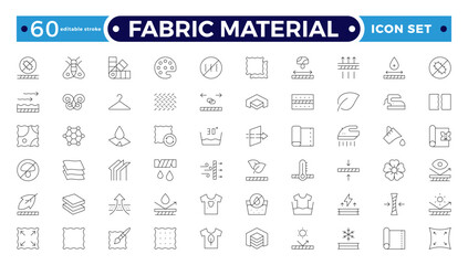 Fabric Material outline Icons set. Vector illustration of textile related icons: thermos, recycled, bamboo, product, industry, shop, leather, textile, cotton, wool. Editable stroke outline icon.
