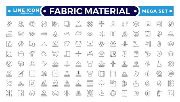 Fabric Material outline Icons set. Vector illustration of textile related icons: thermos, recycled, bamboo, product, industry, shop, leather, textile, cotton, wool. Editable stroke outline icon.