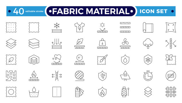 Fabric Material outline Icons set. Vector illustration of textile related icons: thermos, recycled, bamboo, product, industry, shop, leather, textile, cotton, wool. Editable stroke outline icon.