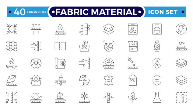 Fabric Material outline Icons set. Vector illustration of textile related icons: thermos, recycled, bamboo, product, industry, shop, leather, textile, cotton, wool. Editable stroke outline icon.