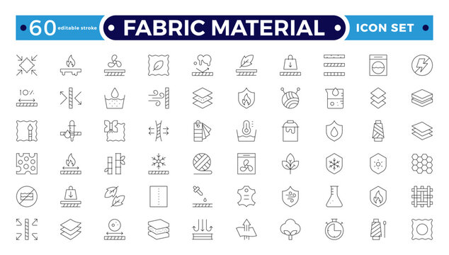 Fabric Material outline Icons set. Vector illustration of textile related icons: thermos, recycled, bamboo, product, industry, shop, leather, textile, cotton, wool. Editable stroke outline icon.