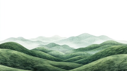 Serene watercolor landscape of rolling green hills and mountains shrouded in a soft, ethereal mist against a stark white background