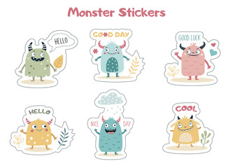 Set of stickers with cute colorful monsters and text. Vector illustration