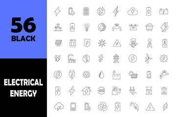 Electrical energy black icons. line art battery, solar panel icons.