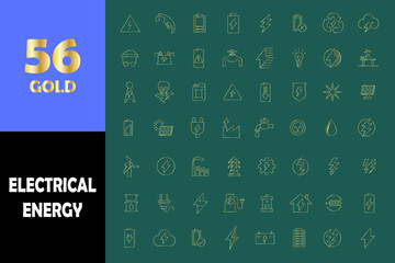 Electrical energy gold icons. line art renewable energy, ecology icons.