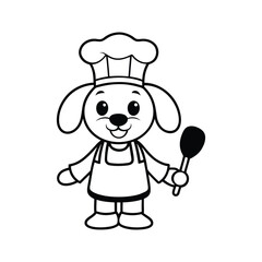 A black and white art illustration of a puppy wearing a chef hat and apron.eps