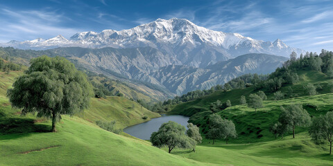 Majestic Mountain Vista: Witness the awe-inspiring grandeur of nature as towering snow-capped mountains dominate the landscape, complemented by rolling green hills, serene lake.