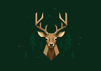 Geometric deer head logo in flat vector style, symmetrical antlers, forest green and tan colours. © Rkniazi