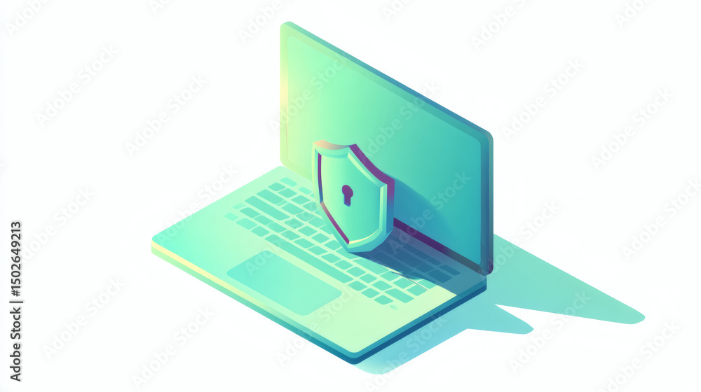 Poster a laptop with a security shield icon symbolizes cybersecurity and data protection in a digital envir