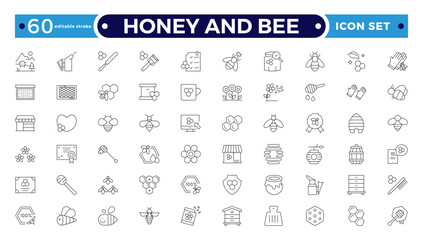 Honey and Bee icon for bees, dipper stick with organic liquid honey for breakfast dessert thin black outline symbols vector illustration. Honey products, apiary. Editable stroke outline icon.
