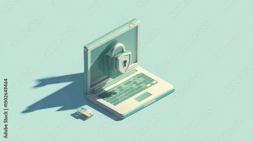 Poster a laptop with a large padlock on its screen symbolizes cybersecurity and data protection.