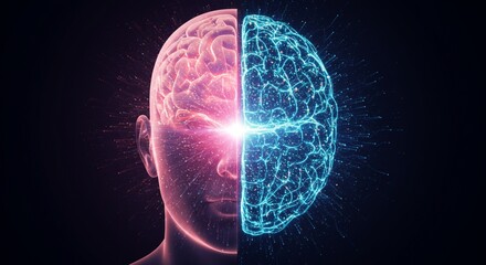 Split image of a glowing human brain on one side and a digital brain made of data streams on the other, both pulsing with light, representing human-AI intelligence merging.