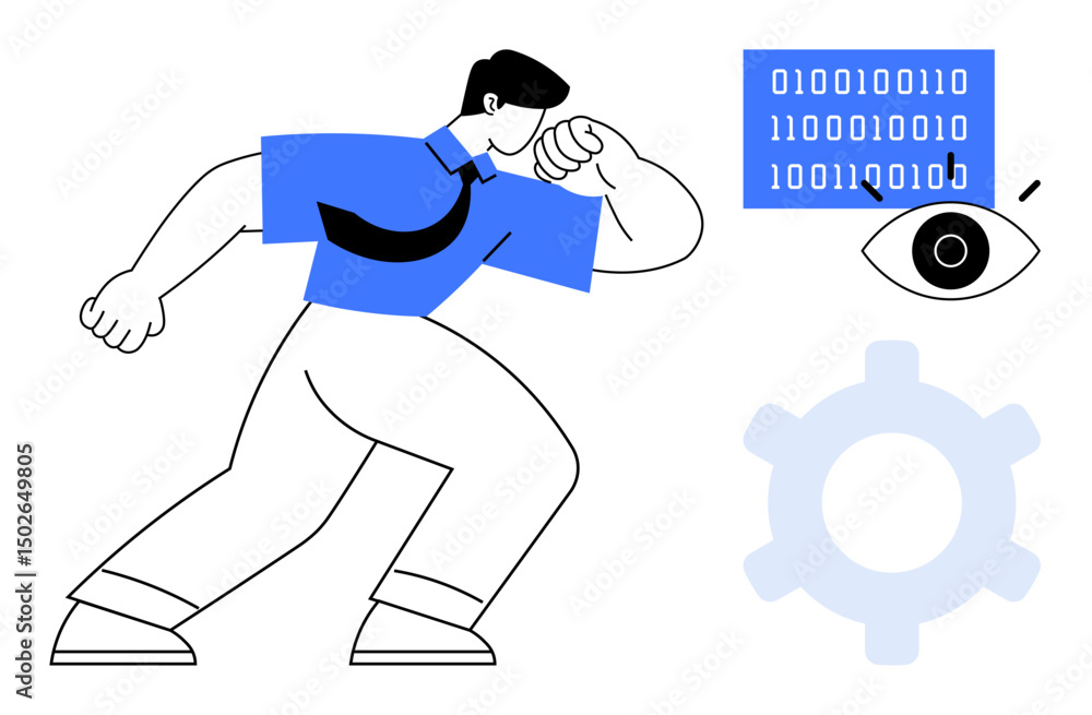 Aufkleber man in blue shirt leaning forward toward binary code with an eye and gear, conveying concepts of dat