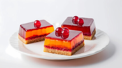 Colorful jelly cake pieces arranged neatly on a crisp white background, ideal for dessert menus, product packaging, bakery promotions, and food photography that highlights sweetness and texture.

