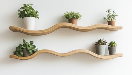 Two curved wooden shelves, horizontally arranged, displaying various potted plants against a white wall