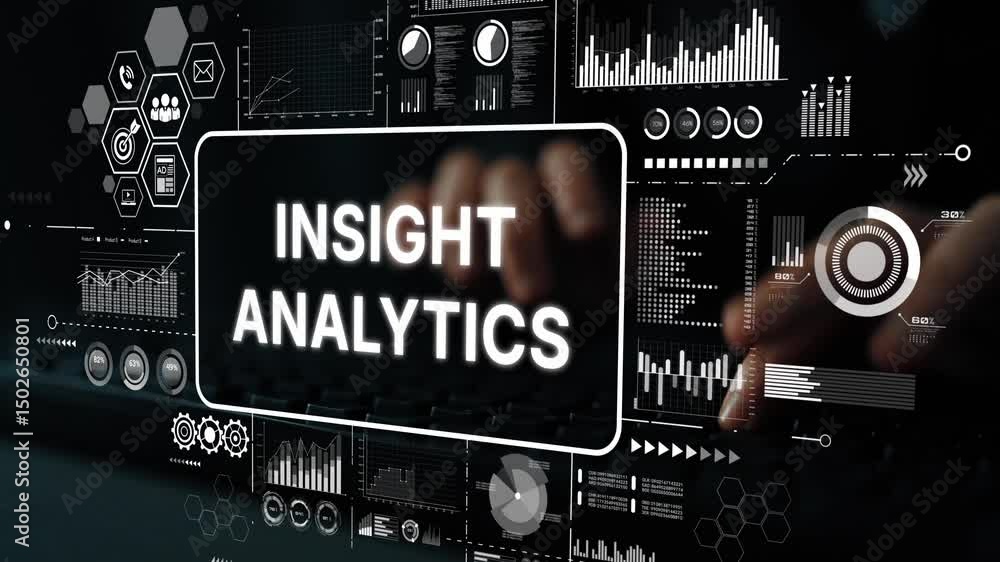 Poster data visualization for insight analytics: hands on keyboard with digital graphs and charts in backgr
