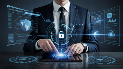 Businessman using tablet with digital security interface