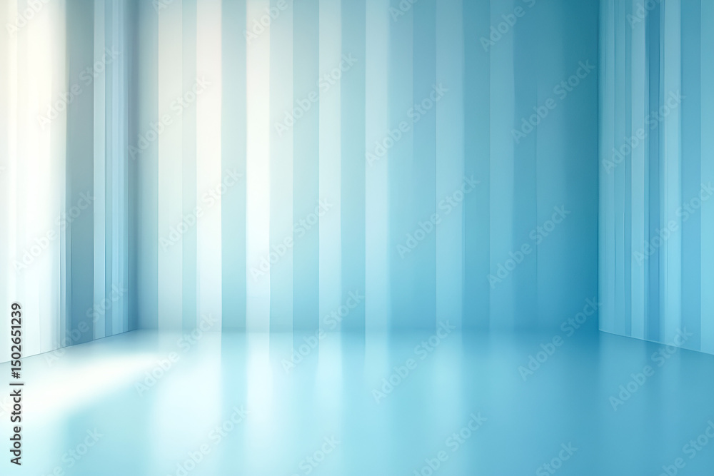 Poster empty room with blue striped walls and reflective floor creating a minimalist design space