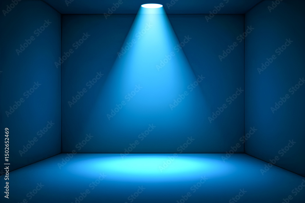 Poster blue empty room illuminated by spotlight creating a dramatic stage for presentation or product place