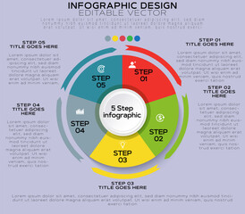 Circular Infographic Design Template with Five Colored Wedges, Placeholder Text Areas, Light Purple Background, Arrows Connecting Steps for Process Visualization, Clear Structured Layout