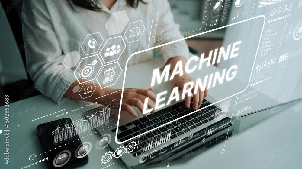 Poster professional engaging in machine learning concepts with futuristic digital interface overlaying lapt