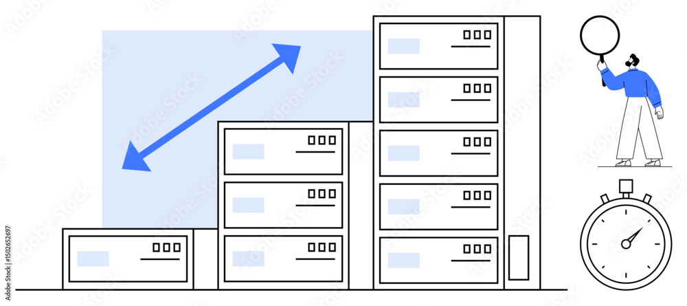 Poster data servers ascending in size with an arrow for growth, a timer symbolizing efficiency, and a perso