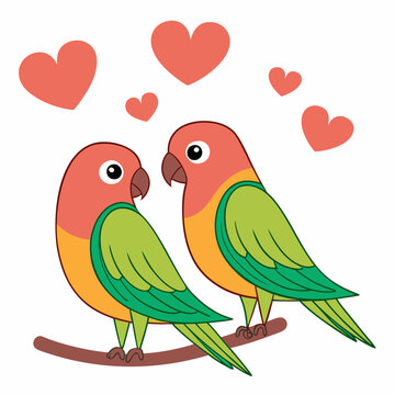 Lovebirds with heart-shaped feathers on a white background, perfect for Valentine&rsquo;s Day designs, romantic themes, and love-themed digital projects.