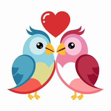 Lovebirds with heart-shaped feathers on a white background, perfect for Valentine&rsquo;s Day designs, romantic themes, and love-themed digital projects.