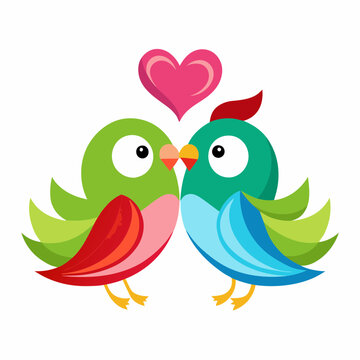 Lovebirds with heart-shaped feathers on a white background, perfect for Valentine&rsquo;s Day designs, romantic themes, and love-themed digital projects.