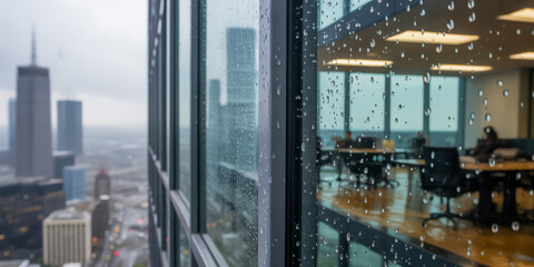 Close-up of raindrops on the tall glass windows of a corporate skyscraper, blurred cityscape beyond, modern workspace interior in the background