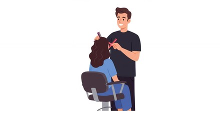 Fototapeta premium Hair stylist cutting womans hair in a salon illustration