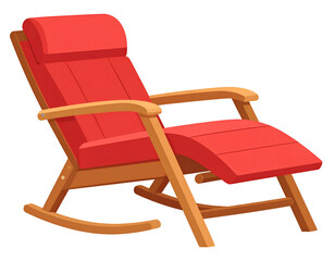 Red reclining rocking chair with wooden frame