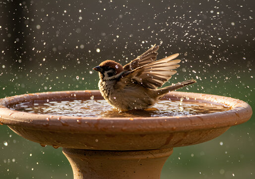 Bird bathing in birdbath