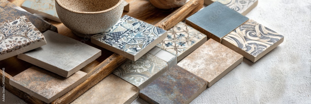 Poster ceramic tile palette displayed on light surface with an open upper zone showcasing various designs a