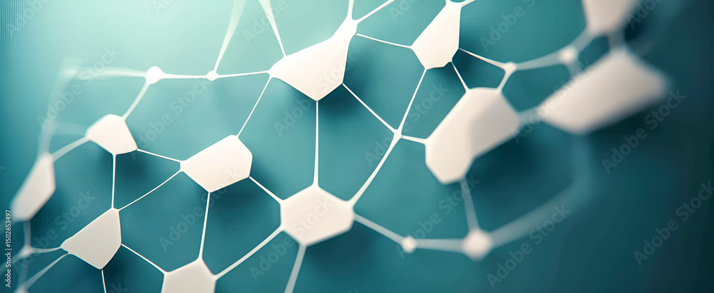 Poster abstract geometric network illustration with connected shapes on a teal blue background representing