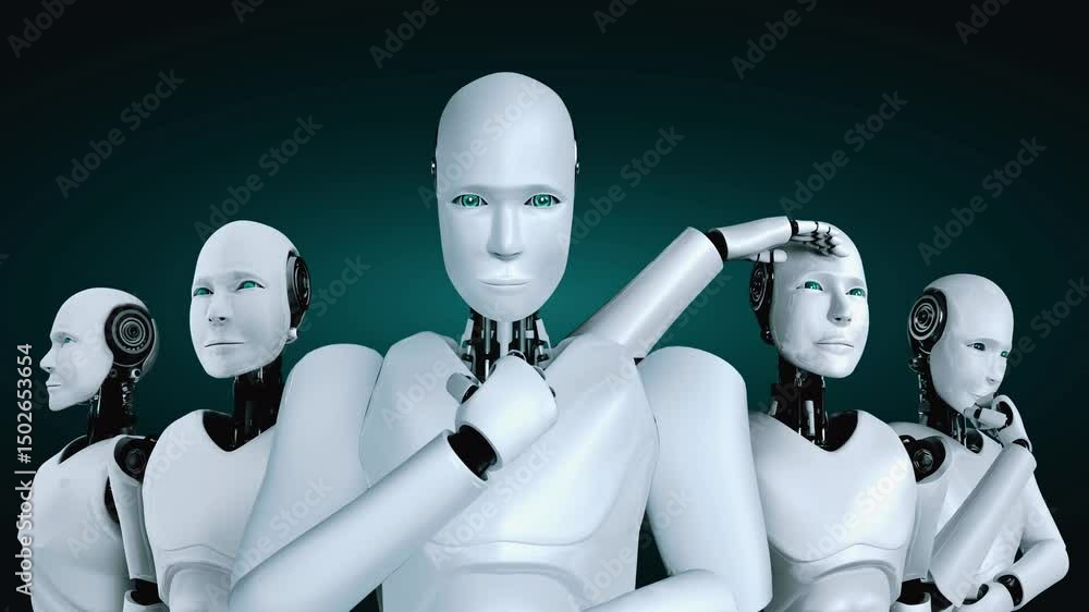 Poster 3d rendering of robot hominoid group in concept of future artificial intelligence and 4th fourth ind