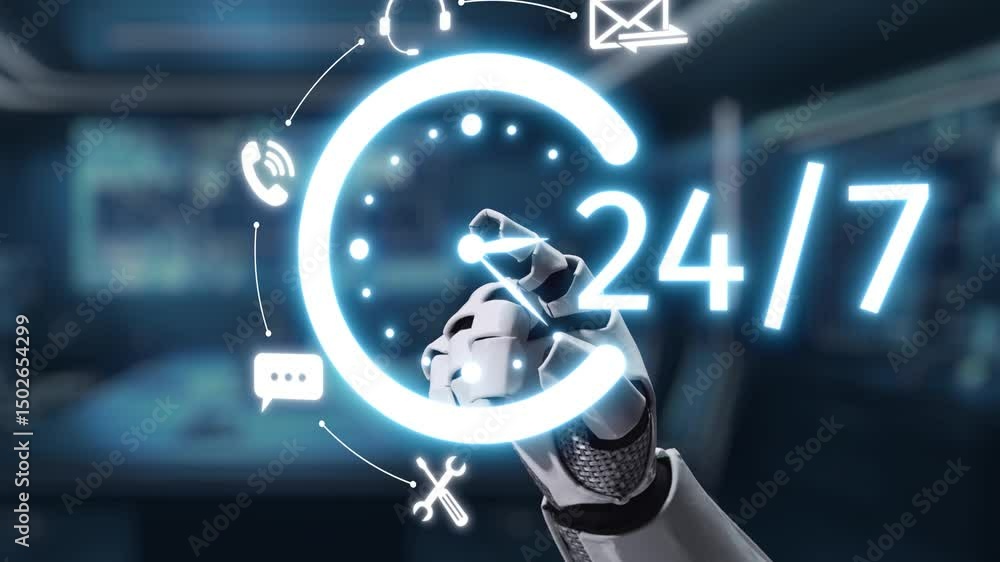 Poster a robotic hand points towards glowing 24-hour service icons in a sleek digital workspace, symbolizin