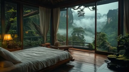 Fototapeta premium Cozy Interior Design Surrounded by Beautiful Tropical Nature View