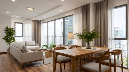 Fototapeta premium Open-plan living and dining space with Scandinavian furniture