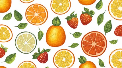 Vibrant Pixel Art Fruit Pattern Oranges, Lemons, and Strawberries on White