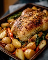 Herb roasted chicken with baby potatoes and carrots