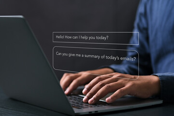 A conceptual image illustrating human-AI interaction in a digital workspace, emphasizing business...