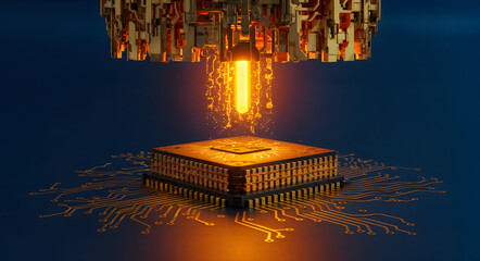 Futuristic processor chip being energized by glowing plasma beam