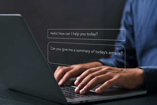 A conceptual image illustrating human-AI interaction in a digital workspace, emphasizing business transformation, cloud communication, and virtual productivity within modern enterprise environments.