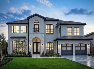 A two-story, white stucco home with a black roof, large windows, and a double garage
