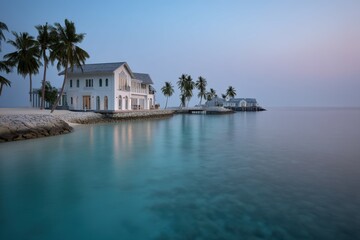 Fototapeta premium Island resort at twilight in the maldives offers serene escape