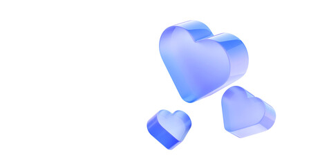 Valentines day 3d background with glass morphism heart render icons. Love banner with flying translucent blue glossy ice crystal shapes, romantic transparent gradient light symbols